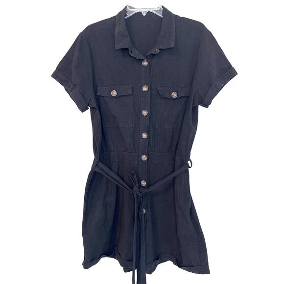 One Piece Women's Black Romper Shorts Belt Tie Button Up With Pockets Size XL - Picture 1 of 12